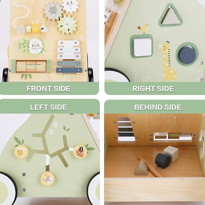 Wooden Baby Push Walker and Toddler Pull Learning Activity Toy - Develop Motor Skills & Creativity - Multiple Activities Center for 1-3 Years Old Boys and Girls