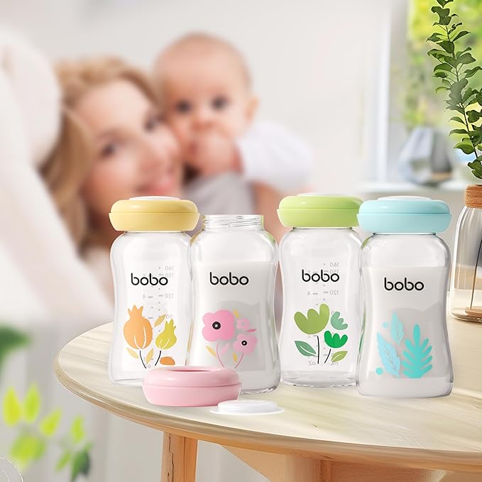 YOHKOH Breast Milk Storage Bottles - Wide Neck Glass Breastmilk Storage Bottles with Lids, BPA-Free (Multicolor1, 5.4oz (Pack of 4))
