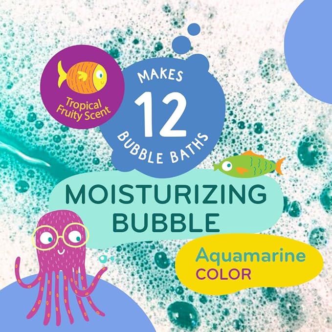 Mobi Little Whale Bubble Bath, Tropical Fruity Scent Kids Body Wash, Gentle Moisturizing Tub Foam for All Skin Type, GMO-Free, Stain-Free, Fun Aquamarine Color, 8 fl oz