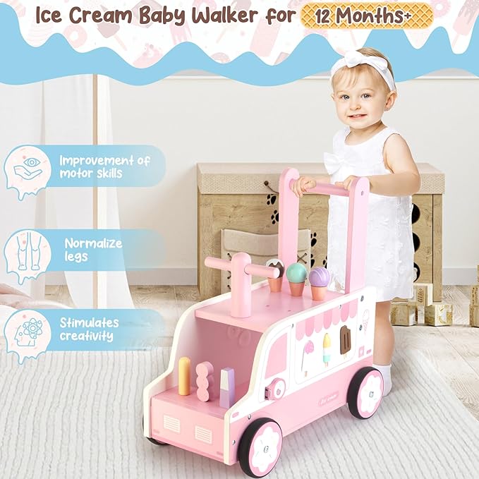 Asweets Wooden Baby Push and Pull Walker with Wheels, Learining Acticity Walker for Boys & Girls, Multiple Activities Center, Develops Motor Skills & Stimulates, 17.3''L x 9.1''W x 18.1''H