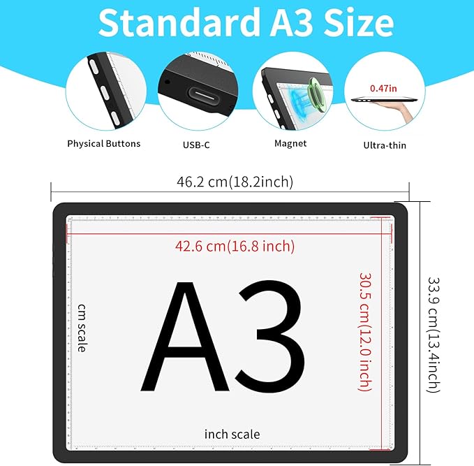 Phylosal Rechargeable A3 Light Pad with Built-in Stand & Bag, Magnetic Tracing Light Box for Drawing, Diamond Art Light Board with Side Button, Super Bright Light Table for Diamond Painting Black