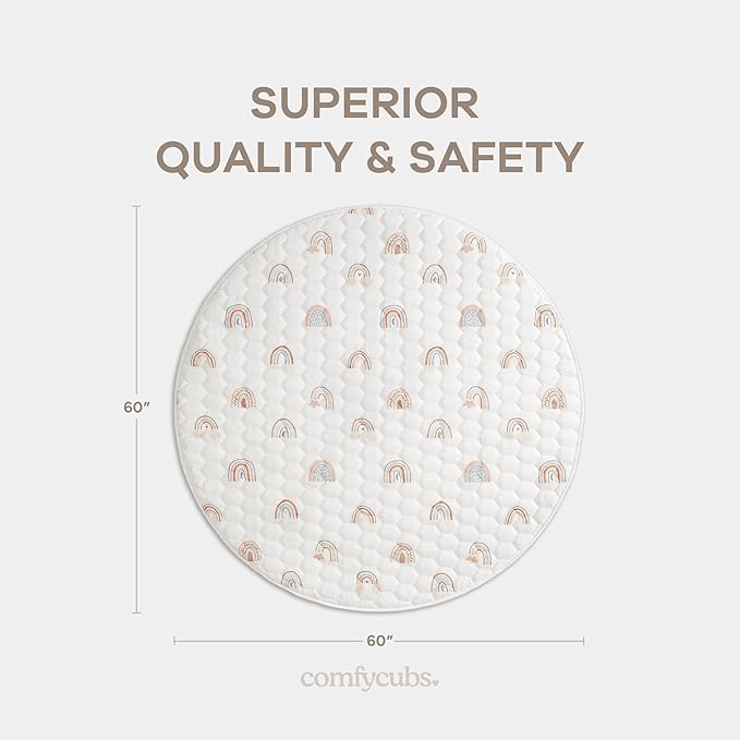 Comfy Cubs Round Kids Play Mat - Large 60 inches Soft Quilted Baby Floor Mat with Non-Slip Bottom - Plush Design for Toddlers' Playtime and Relaxation - Comfortable and Durable - Rainbow