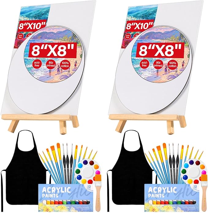 Date Night Painting Kit, 62 Pcs Detail Paint Brushes Canvas Panels with Wood Easel 12 Colors Acrylic Paint, Circular Canvas Art Aprons Sip and Paint Supplies for Adults, Kids, and Beginner