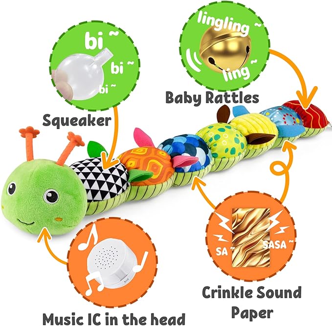 LIGHTDESIRE Baby Toys Musical Caterpillar,Infant Stuffed Animal Toy with Crinkle and Rattles,Soft Sensory Toys with Textures for Tummy Time Newborn Boys Girls 0 3 6 12 Months(Green)