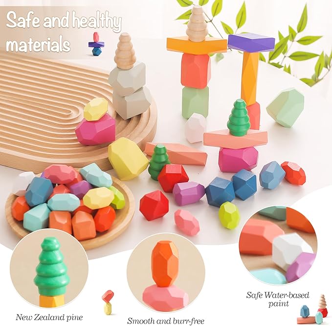 OESSUF Stacking Rocks 48Pcs Stacking Blocks Balancing Stacking Stones Wooden Building Toys Wood Stone Stacking Game for Toddler Sorting Preschool Educational Montessori Stacking Rocks for Kids