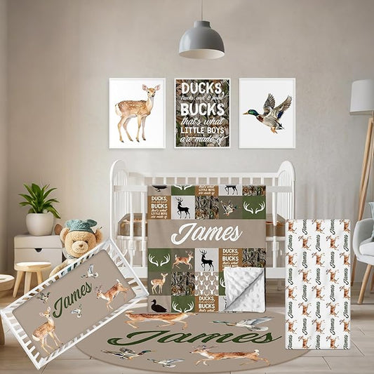 Custom Baby Crib Bedding Set, 5 Pcs Personalized Name Baby Crib Sets for Infant Toddler, Green Woodland Deer Nursery Bedding Set for Boys Girls, Double Layer Baby Bedding Sets Customized Gifts