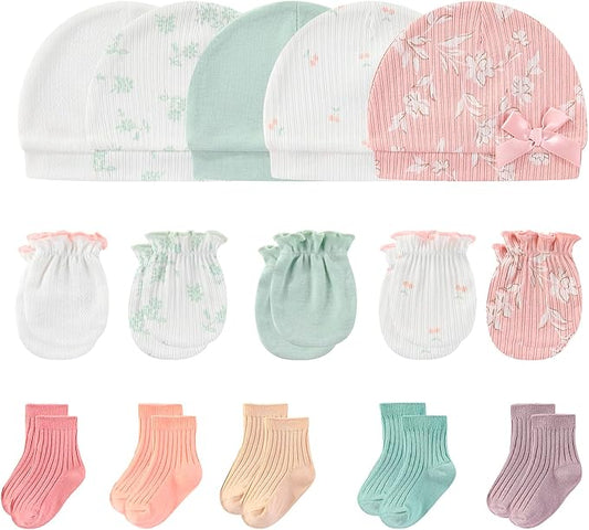 Newborn Baby Boy Girl Caps Mittens Socks Set Cotton Baby Essentials Accessories (Hats+Gloves+Socks)