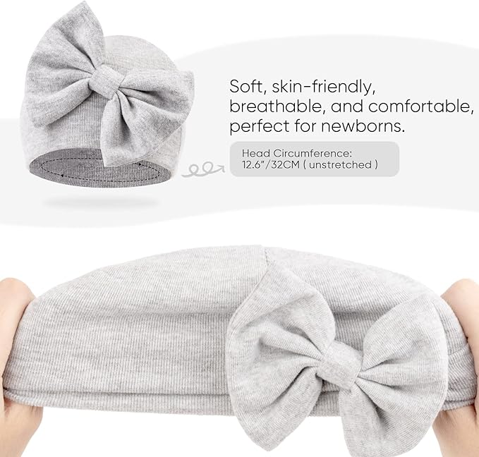 BQUBO Newborn Baby Hats Mittens Set Hospital Hat Beanie Infant Bow Hats Baby Gloves No Scratch Mittens for 0-6 Months