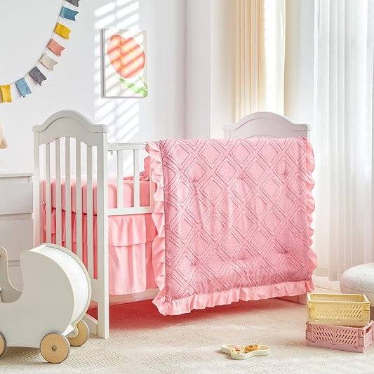 Mini Crib Bedding Set 3 Pieces Baby Boho Quilted Tufted Ruffles Comforter with Fitted Sheet and Ruffled Bed Skirt - Cute Shabby Baby Bedding Fits Mini Crib Only Pink