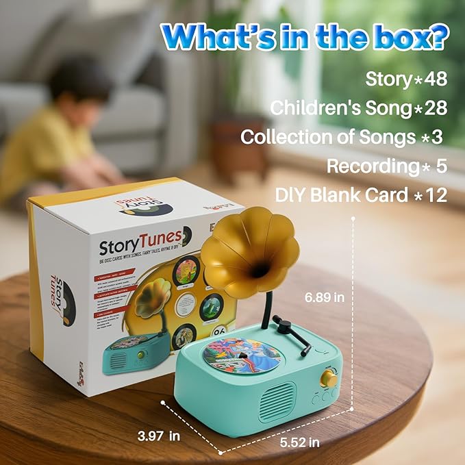 Kids Phonograph Toddler Record Player, with 96 Learning Cards, Early Education Machine Record Player Music Box Storyteller pop Speakers, Gift for Boys and Girls