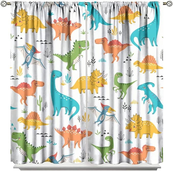 Kids Dinosaur Curtains for Boy Girl Bedroom Decor Cartoon Dino Colorful Cute Funny Animal Wildlife Printed Blackout Rod Pocket Window Drapes for Baby Nursery Playroom Living Room W31.5xL63in 2 Panels