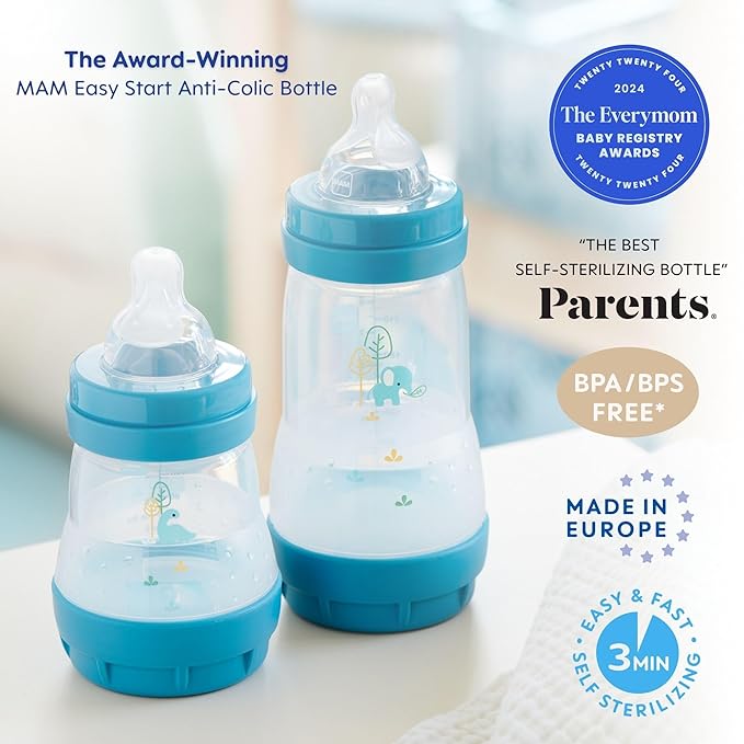 MAM Easy Start Anti-Colic Baby Bottle 9 oz, Medium Flow, Breastfeeding-Like Silicone Nipple Bottle, Reduces Colic, Gas, & Reflux, Easy-to-Clean, BPA-Free, Vented Baby Bottles for Newborns, 2+ Months
