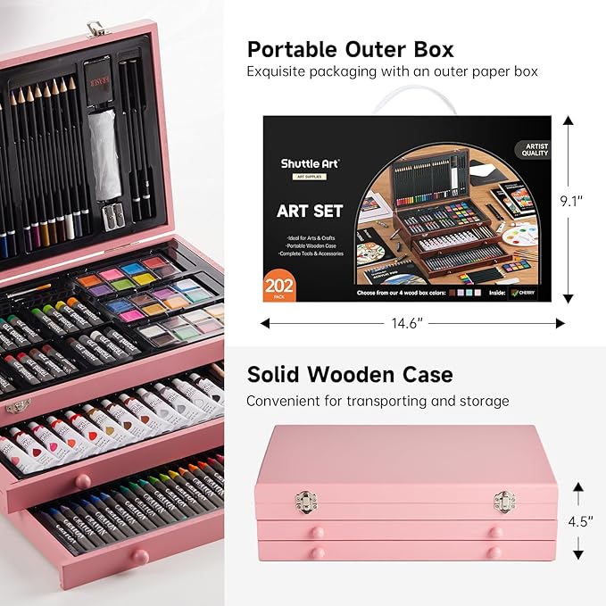 Shuttle Art Deluxe Gift Art Kit, 202-Piece Wooden Art Supplies Set with 4 Drawing Pads, Canvases, Coloring Sheets, Acrylic Paint, Crayons, Oil Pastels, Colored Pencils for Kids