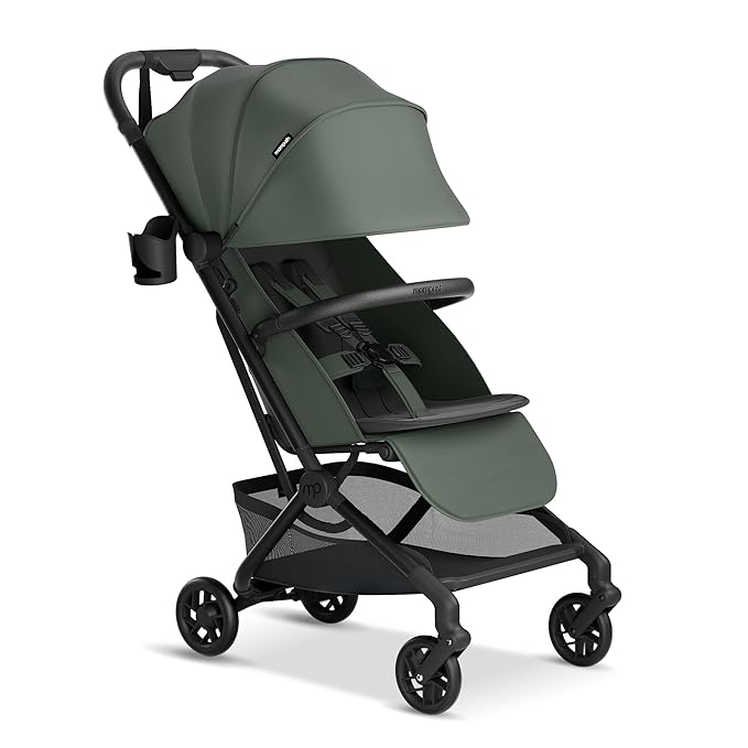 Mompush Velo Lightweight Travel Stroller – One-Hand Fold, Ultra-Compact & Airplane Friendly, Lie-Flat Recline Seat (from Birth to 50 lbs), Includes Cup Holder, Shoulder Strap, and Leather Bumper Bar