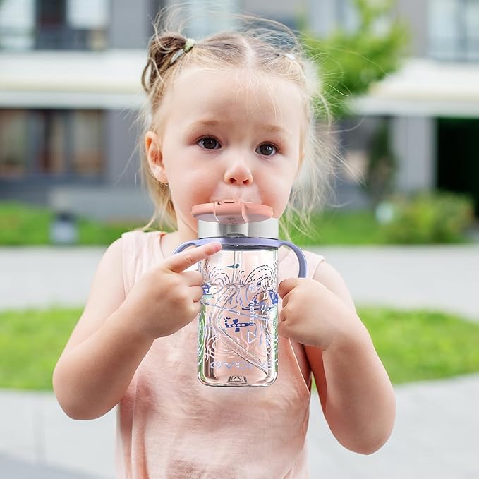 Evorie Tritan Spill Proof Toddler Straw Sippy Cup, 10 oz for Baby and Toddlers 1-3 Years Old, No Spill Straw Water Bottle with Removable Handles, Ideal for School, BPA-Free, Travel in Space
