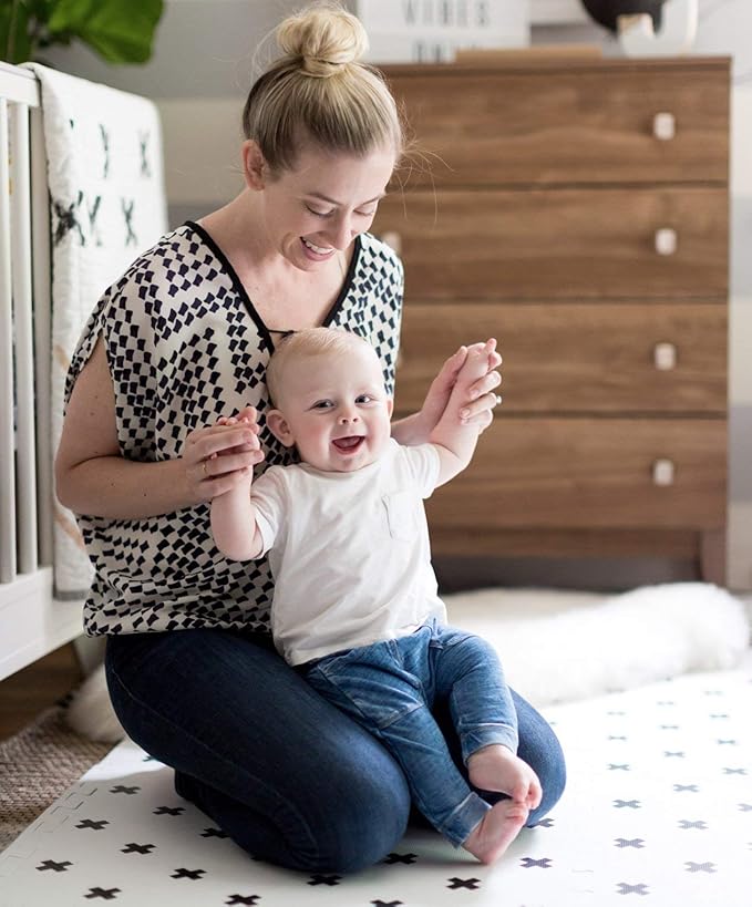 Yay Mats Stylish Extra Large Baby Play Mat. Soft, Thick, Non-Toxic Foam Covers 6 ft x 4 ft. Expandable Tiles with Edges Infants and Kids Playmat Tummy Time Mat (Brooklyn Cross White)