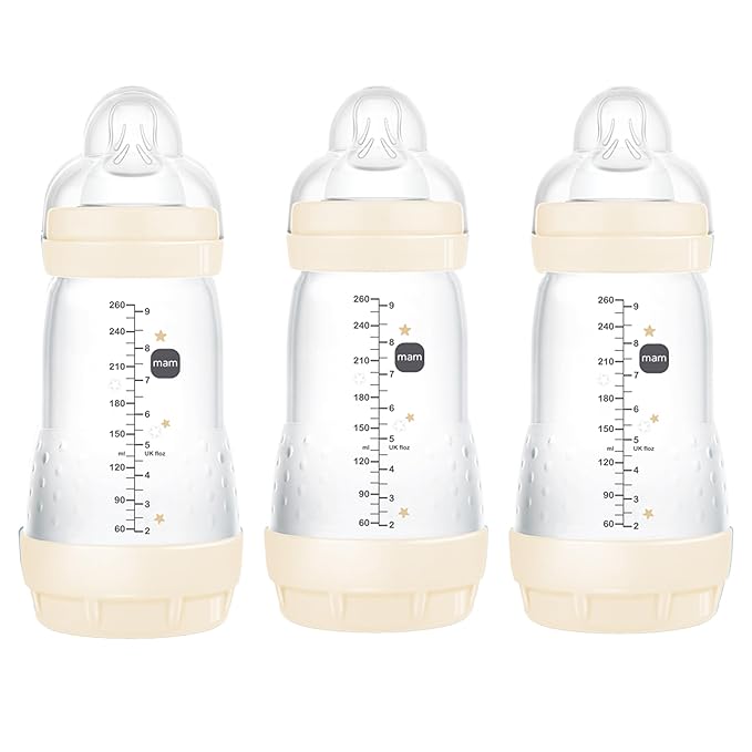 MAM 9oz Easy Start Anti-Colic Baby Bottles, Medium Flow, Breastfeeding-Like Silicone Nipple, Reduces Colic, Gas, & Reflux, Easy-to-Clean, BPA-Free, Baby Bottles for Newborns, 2+ Months