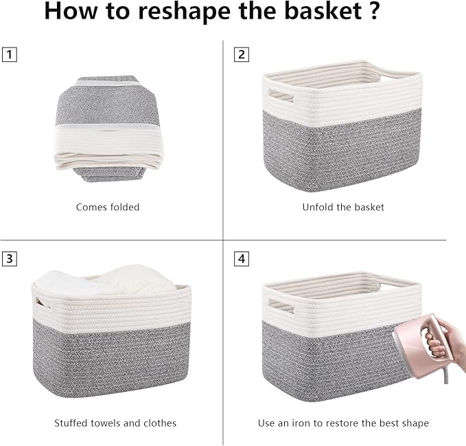 OIAHOMY 4 Pack Storage Baskets for Organizing, Basket for Shelves with Handle, Woven Baskets for Storage Toys, Towels, Books, Cotton Rope Basket 13" L x 9 " W x 7.8 " H, Grey & White