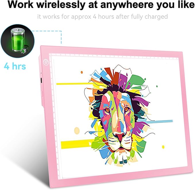 LitEnergy Rechargeable Battery Powered Light Tracing Box, Ultra-Thin Adjustable USB Power Artcraft LED Trace Light Pad Size A4 for Drawing, Streaming, Sketching, Animation, Stenciling (Pink)