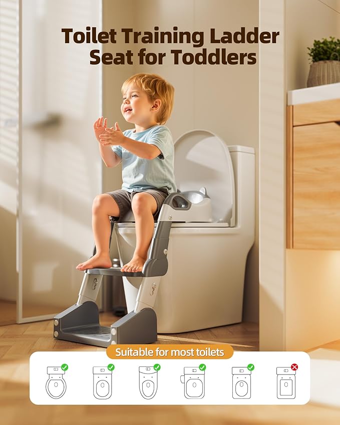 3-in-1 Potty Training Toilet, Toddler Toilet Seat with Step Stool, Foldable Potty Ladder with Potty Chart, PU Cushion, Splash Guard, Anti-Slip Steps & Urinal for Boys & Girls, Grey