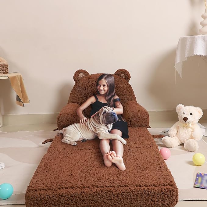 Foldable Sofa for Kids, Sherpa Teddy Bear Toddler Couch With Tri Folding Foam Cushions, Comfy for Ages 3-6