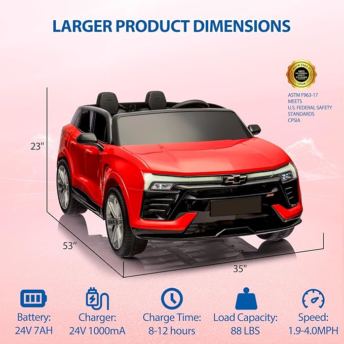 Hetoy 24V 2-Seater SUV Licensed Chevrolet Blazer Ride On Car Toy w/Parent Remote Control, 3 Speeds, Wireless Music, MP3 Player, Electric Car for Kids Ages 3-8, RED