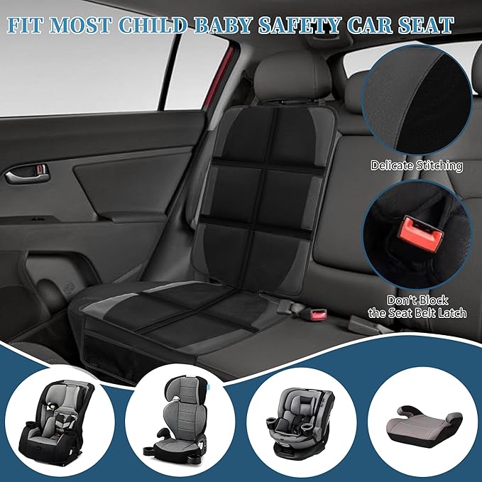 Car Seat Protector for Child Car Seat, 2 Pack Baby Car Seat Covers with Mesh Pockets & Non-Slip Backing 600D Durable Seat Protector Under Baby Car Seat for Car Back Seat (Black, Large)