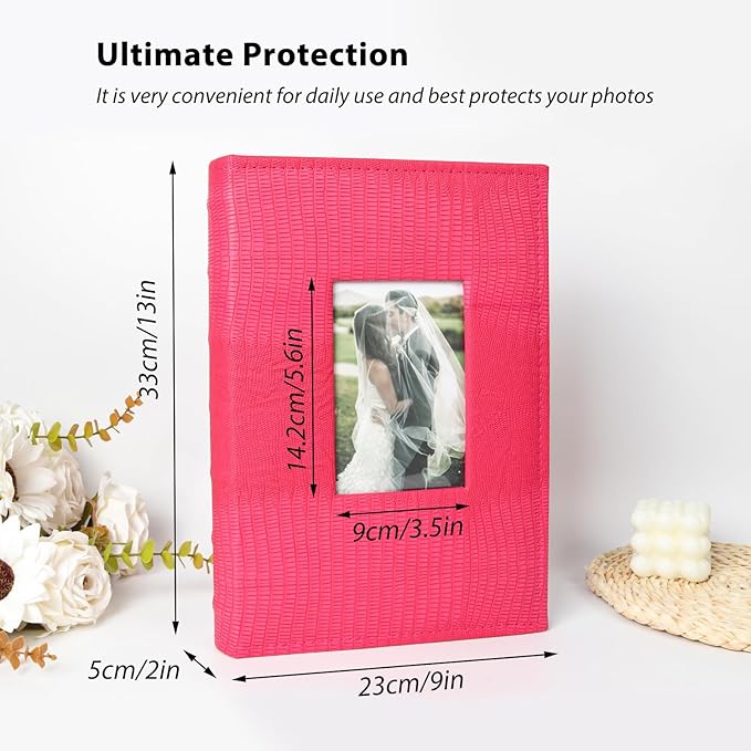 RECUTMS 4x6 Photo Album Photo Book Pack of 50 Sheets Holds 300 Photos,Leather Cover Picture Album with Front Window for Memories Couple Valentines Baby Wedding Family (Pink)