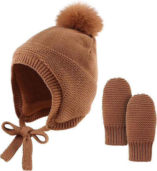 Basic Winter Baby Beanie Gloves Boys Girls Knitted Hat Pompom Kids Earflap Hats Warm Infant Toddler Beanie Mittens Set