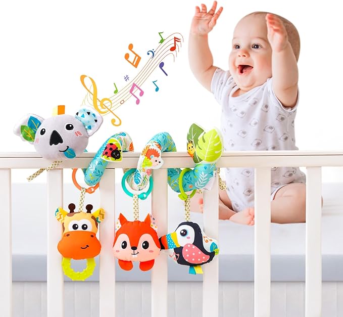 Jollybaby Crib Stroller Car Seat Toys for Baby 0-3-6-9-12 Months, Tummy Time Hanging Sensory Toys for Newborn with Music Box and Teether, Spiral Carseat Toy for Infant Boys Girls Gifts (Grey)