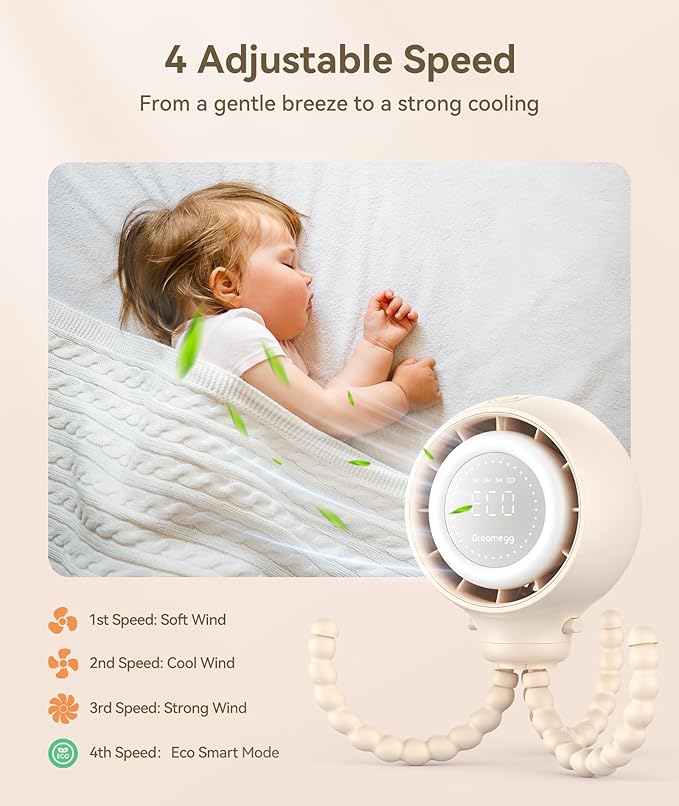 Dreamegg Portable Stroller Fan - 4000mAh Rechargeable Baby Stroller Fan With LED Display, Night Light, Hidden Blade, Detachable 4 Speed 360ยฐRotate, Handheld Cooling for Crib,Travel, Car Seat, Bedroom