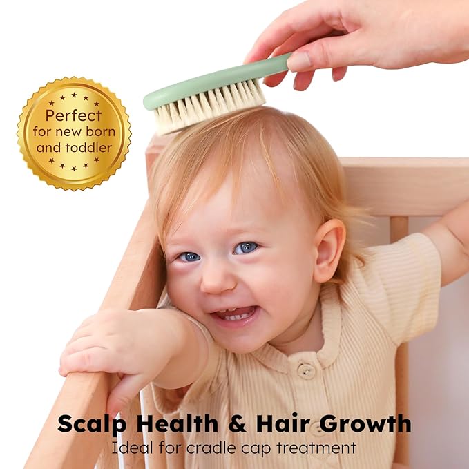 Yoofoss 4 Piece Baby Hair Brush and Comb Set,Wooden Baby Hair Brush with Natural Ultra Soft Goat Hair, Baby Comb Set for Boy, Girl - Green