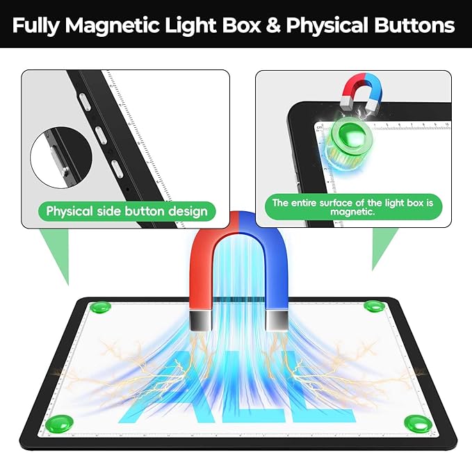 Zocelight Rechargeable A4 Light Pad with Built-in Stand & Bag,Super Bright Magnetic Light Box For Tracing,Wireless Diamond Art Light Board with Side Buttons, Light Table for Diamond Painting,Sketching