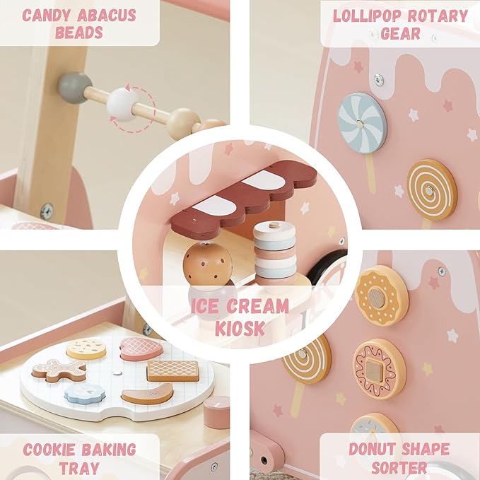 Wooden Baby Walker, Multifunctional Ice Cream Cart Activity Toy for Learning to Push Walk with Wheels, Pretend Playset Ideal for Toddlers, Boys and Girls Ages 18-36M