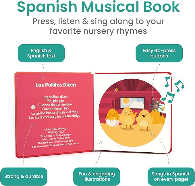 Binibi Spanish Musical Book for Babies & Toddlers 1-3 Los Pollitos Dicen & Other Nursery Rhymes | Spanish Learning for Kids | Bilingual Children's Book | Sound Book | Libro en espaรฑol para bebรฉs