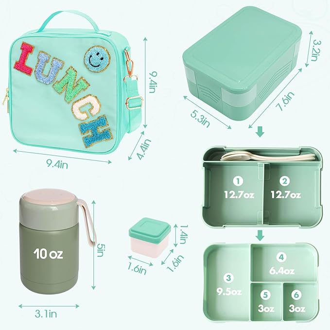 Girl Lunch Bag with 6 Compartment Bento Box with 10oz Thermo- Preppy Green Nylon Insulated Lunch Box Adjustable Strap, Birthday Gift For Girl Kids Teens Travel Picnic School