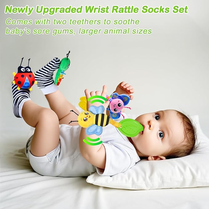 Baby Toys 0-6 Months,Soft Rattle Socks and Wristband Set,Hand and Foot Sensory Development Toys for Babies 0-12 Months with Infant Teething Toys,Shower Gifts for Newborn Boy and Girl