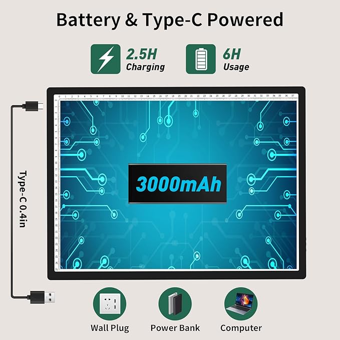 HIUKCOLED A3 Built-in Tilt Stand Light Tracing Box, 6-level&Stepless Dimmable Adjustable Brightness Light Pad with 3 Colors,Battery Powered LED Light Board for Drawing,Diamond Painting,Sketching,X-Ray