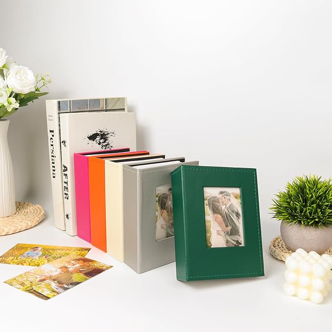 RECUTMS 100 4x6 Small Photo Album with Front Window, Premium Leather Cover Hold 100 Vertical Photos for Family Wedding Baby Children (Beige)