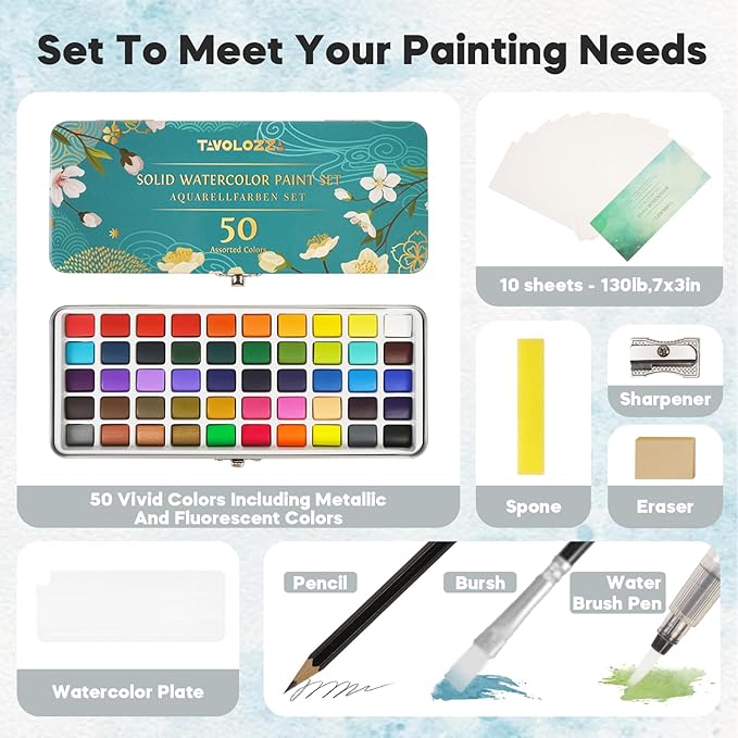 TAVOLOZZA Watercolor Paint Set, 50 Vivid Colors Including Metallic and Fluorescent Colors in Gift Box,Perfect Watercolor Set for Artists, Painting Lovers