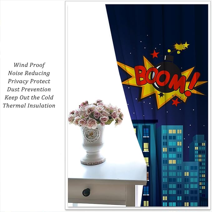 Superhero Rod Pocket Blackout Curtains for Boy Girl Bedroom, Cartoon Skyline Buildings Cityscape Thermal Insulated Home Window Drapes for Living Room Darkening, 42x45 inch