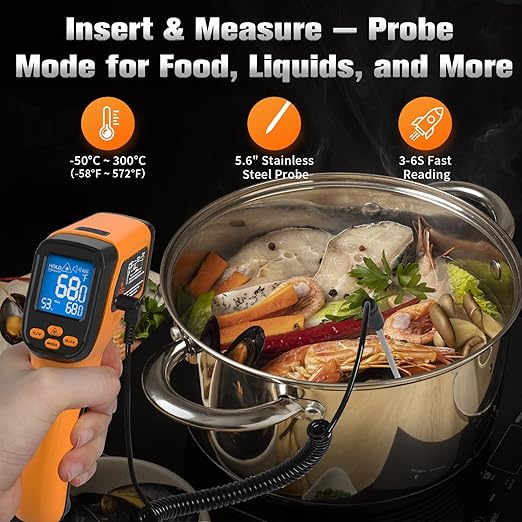 Dual-Mode Infrared Thermometer Gun,-58°F to 1472°F Laser Temp Gun, -58°F to 572°F K‑Type Probe with Humidity Display, 12:1 D:S