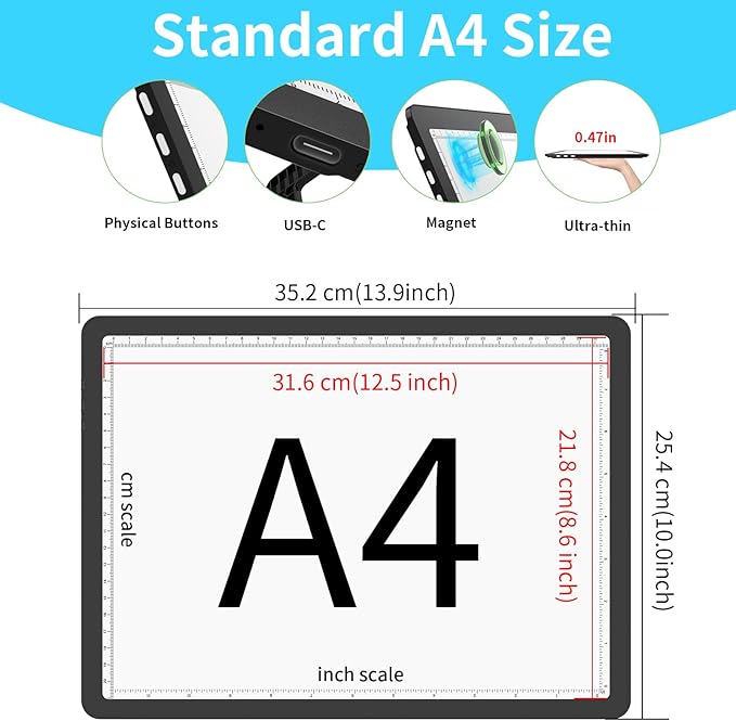 Phylosal Rechargeable A4 LED Light Pad with Built-in Stand, Magnetic Tracing Light Box for Drawing, Diamond Art Light Board with Side Button, Super Bright Light Table for Diamond Painting, Sketching