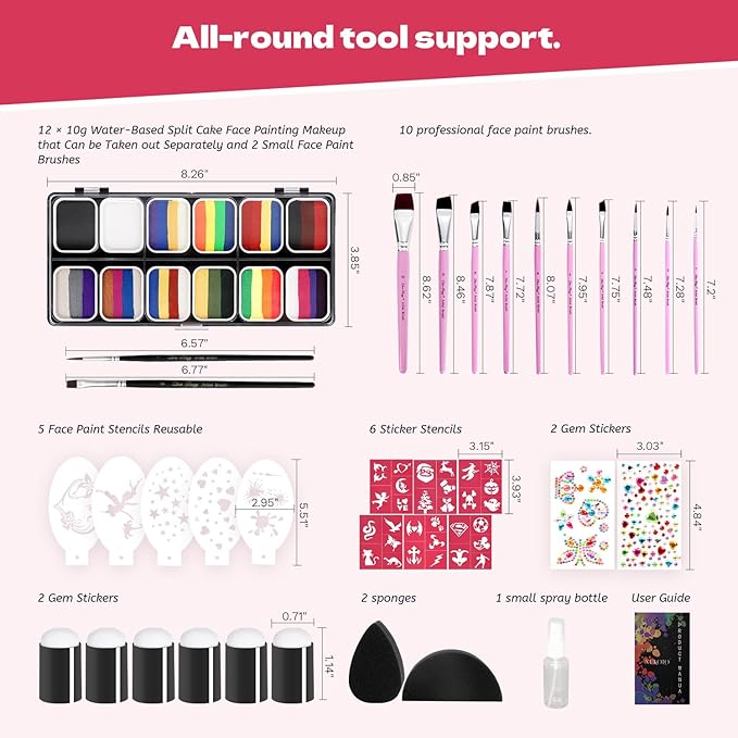 Professional Face Painting Kit for Kids Adults-12*10g Non Toxic Water Activated Face Paint Kit With Brushes,Stencils,Gem Stickers;Halloween,Carnival;Water Based Facepaint Makeup Kit for Kids Party