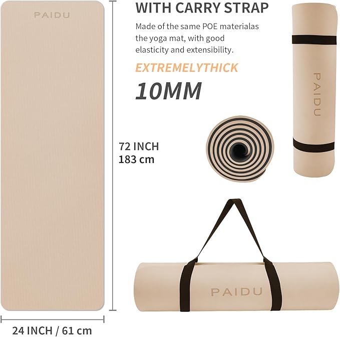 Yoga Mat Non Slip Anti-tear,extra thick-2/5 inch(10MM)High Resiliency Professional POE Yoga Mats for Women Men Kids,72"x24"inch,Workout, Yoga, Pilates and Floor Exercise, with Carrier Strap