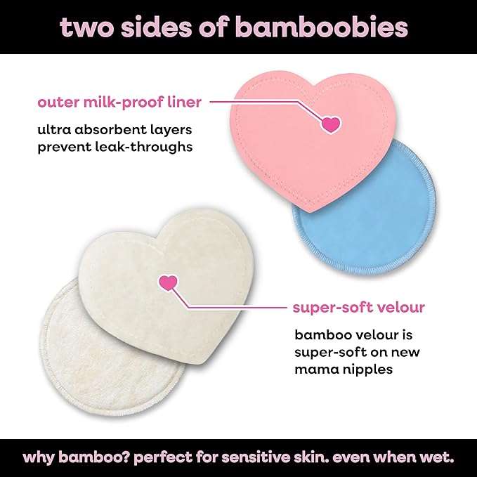 Bamboobies Nursing Pads, Ultra-Soft Velour, Reusable, Washable & Leak-Proof, 6 Ultra-Thin and 2 Overnight Pads for Breastfeeding