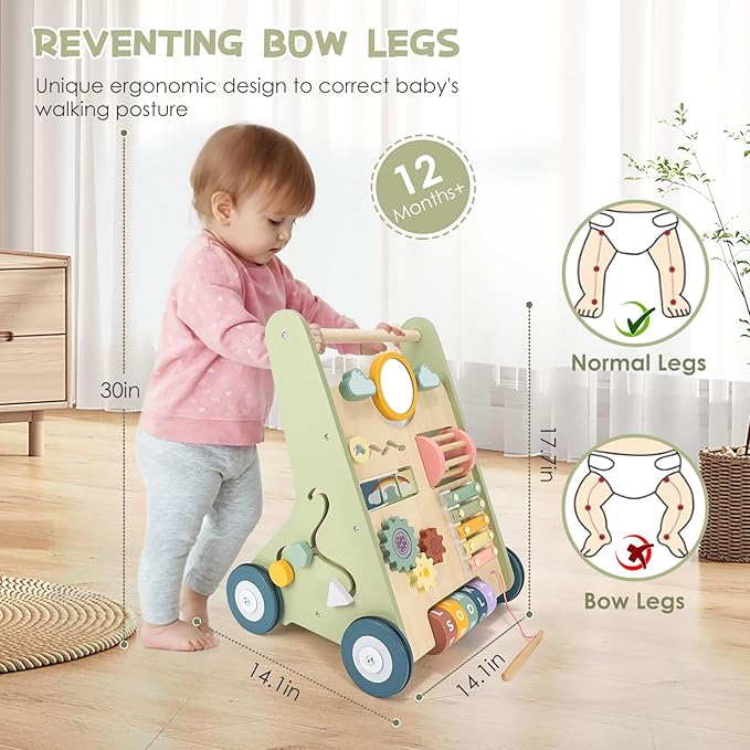 Baby Push Walker, Wooden Baby Walker with Wheels, Montessori Push Walker for Babies 6-12 Months, Push Walking Toys for Boys&Girls 1 Year Old, Gifts for Toddler