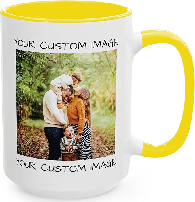 Personalized Coffee Mug – Custom Photo, Text, or Logo Ceramic Mug Tea Cup | Taza Personalizada with Picture or Message | Customized Gift Idea for Men & Women, Mom, Dad, Friends - White/Yellow | 15oz