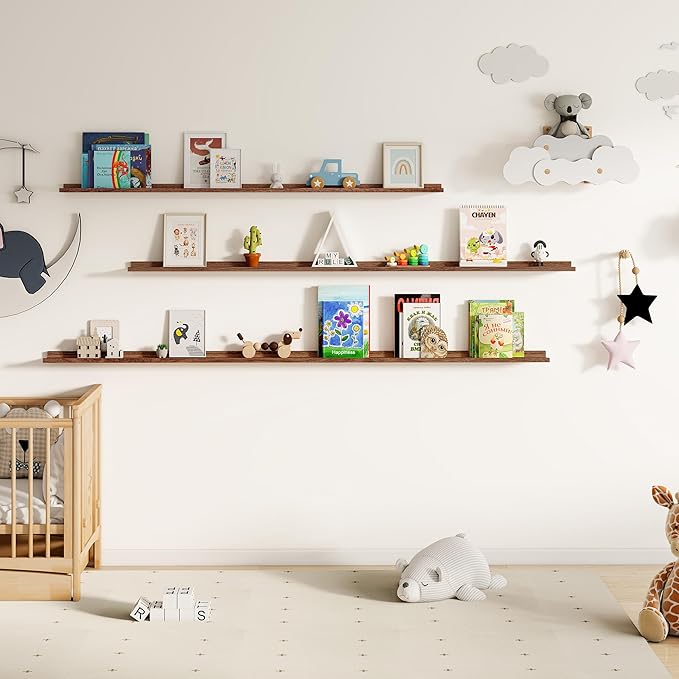 Floating Picture Ledge Shelves for Wall Set of 2, 72 Inches Picture Ledge Shelf with Long Large Nursery Book Shelf for Toys Storage Kids Bookshelf Wall Mounted Living Room Bedroom Decor Frames, Walnut