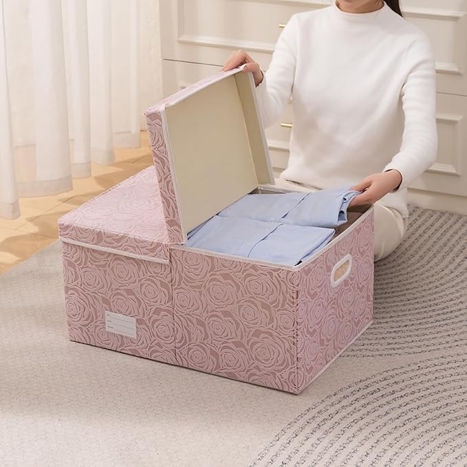 PRANDOM Jumbo Collapsible Storage Boxes with Lids Fabric Decorative Storage Bins Cubes Organizer Baskets with Cover Handles Divider for Bedroom Closet Living Room 23.2x15.7x11.6 Inch 3 Pack